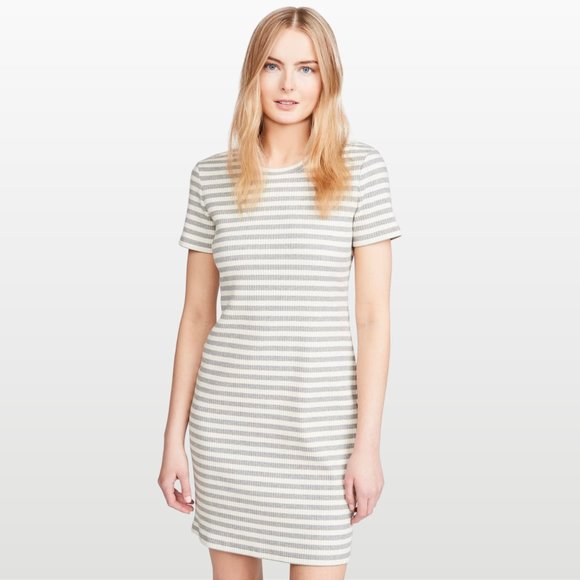 Theory Dresses & Skirts - Theory Cherry Horizontal Striped Ribbed Knit Shirt Dress in Light Gray & White